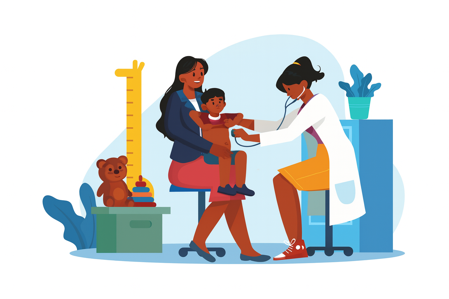 Best Pediatric Pediatric doctor office in Pearland Texas examining a child with a stethoscope while the mother provides support at Silver Lake Pediatrics in Pearland, TX